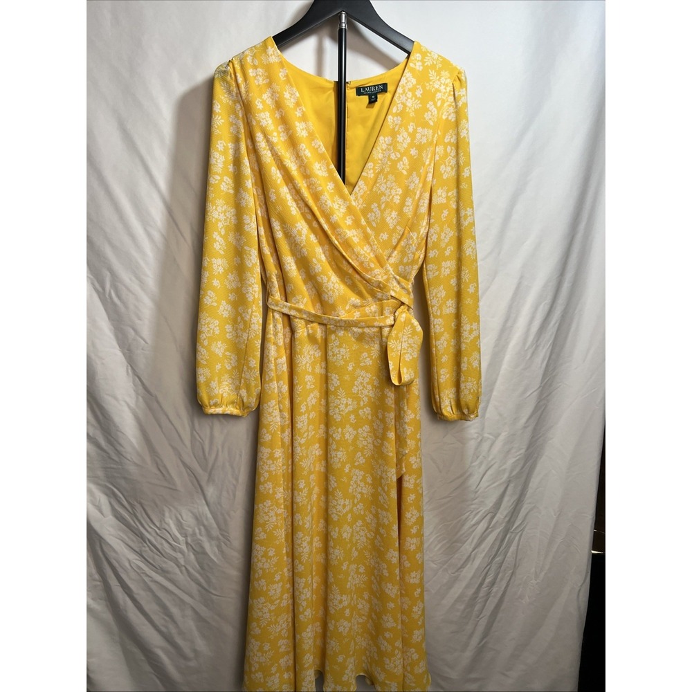 Lauren Ralph Lauren Yellow Floral Wrap Midi Dress Long Sleeve Size 10
